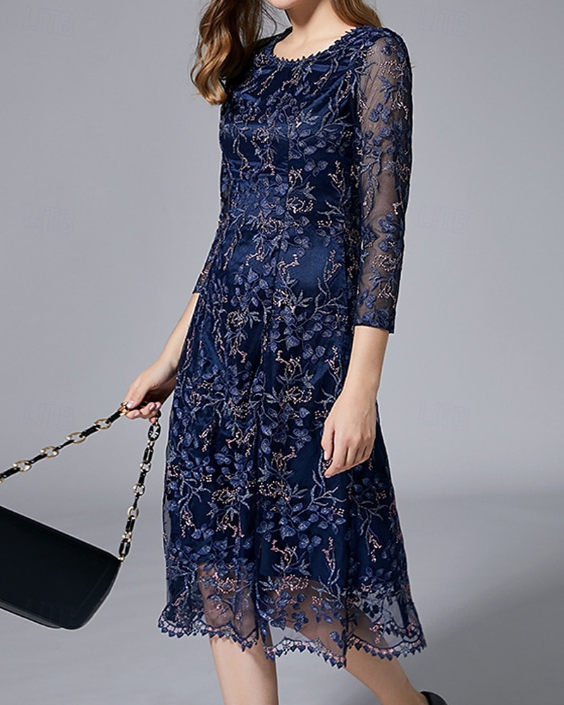 Abito A-Line per la madre della sposa abito elegante vintage per feste collo a giro lunghezza tè in pizzo tulle maniche 3/4 con applicazioni in pizzo ricamato floreale del 2025 a $114.99 –P3