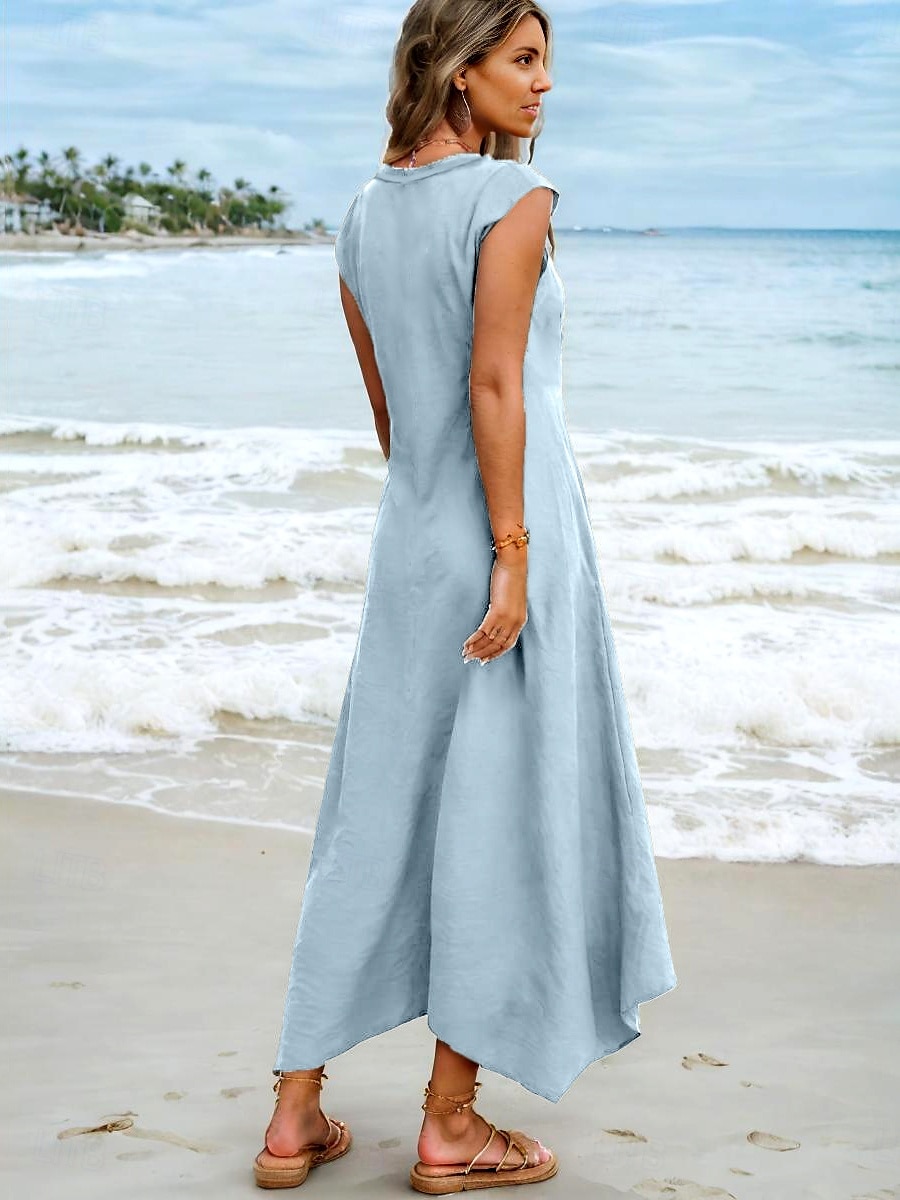 kvinners maxi-kjole t-skjortekjole tee-kjole sundress shift-kjole sommerkjole lin som bohemia ferie etnisk ferie strand normal passform ensfarget ensfarget kortermet hakk hals blå grå sommer 2025 - $36.99 –P2