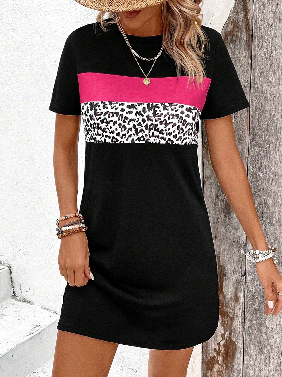 mini rochie de dama rochie tricou rochie tricou rochie de vara rochie de vara leopard formala lucru regulat decolteu negru 2025 - $23.99 –P1