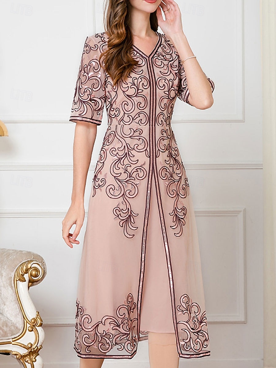 Robe Robe de Mère de Mariée  robe demoiselle d honneur Élégant Style Chinois Col en V Mi-long Polyester Mélange de coton Demi Manches avec Broderie 2025 de 2025 ? $119.99 –P3