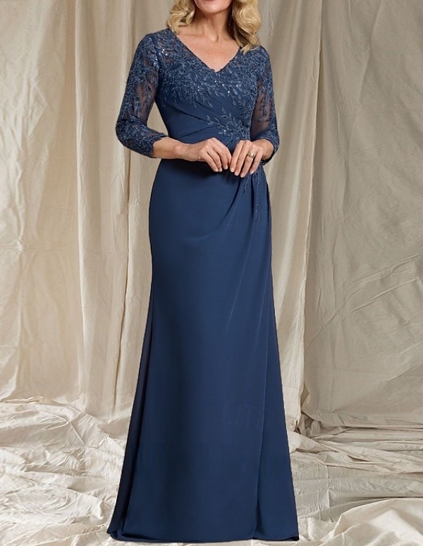 A-Linie Brautmutter Kleid Hochzeitsgast Elegant V-Ausschnitt Bodenlänge Chiffon 3/4-Länge Ärmel mit Perlenapplikationen 2025 - $197.99 –P3