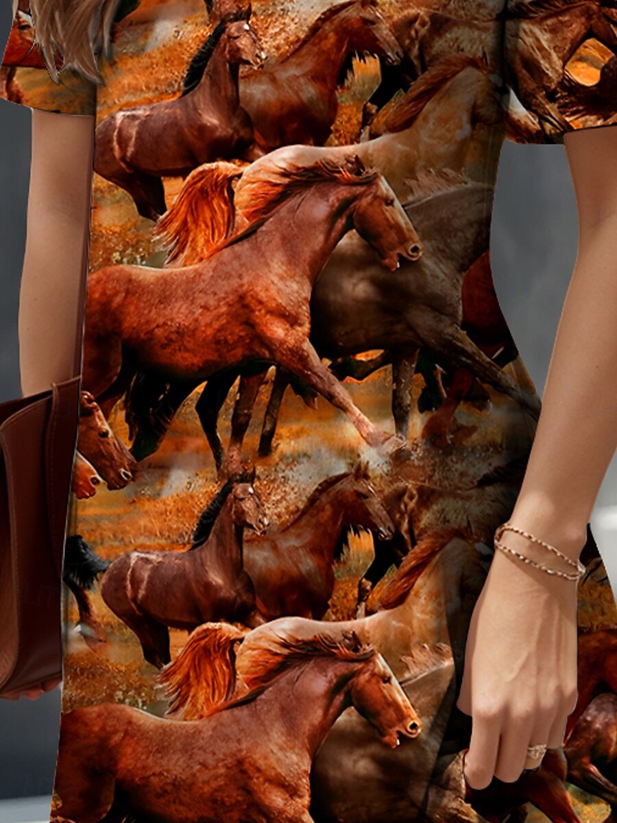 Kentucky Derby Damen Mini Kleid A-Linien Kleid Lässiges Kleid Sommerkleid Lässiger Urlaub Alltag Reguläre Passform Grafisch Tierisch Kurze Ärmel Rundhalsausschnitt Weinfarbe Sommer Frühling 2025 - $22.99 –P3