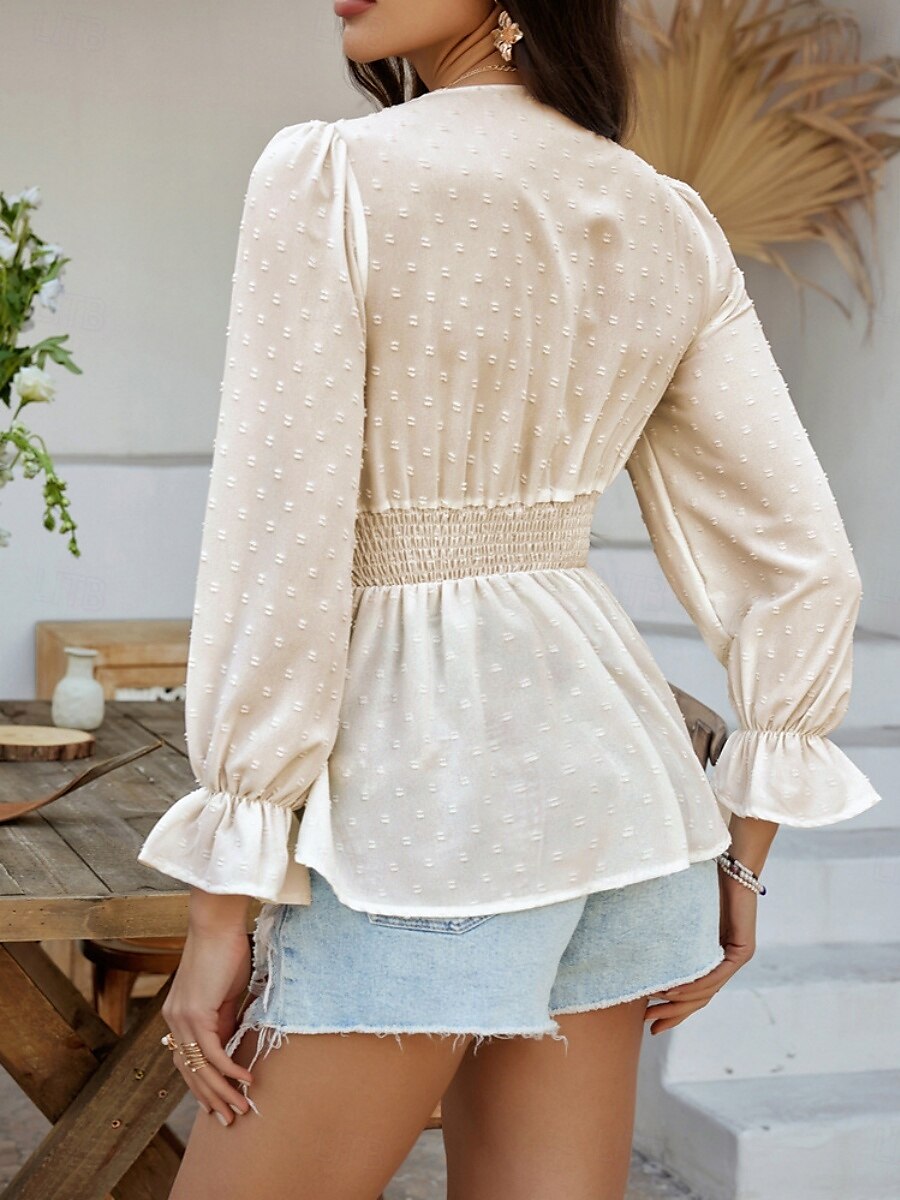 Kvinners Bluse Boho Skjorte Enfarget Stilfull Avslappet Langermet V-Hals Vanlige Topper Daglig Lappverk Utskjæring Sort Hvit Blå Aprikos Sommer Vår 2025 - $37.99 –P6