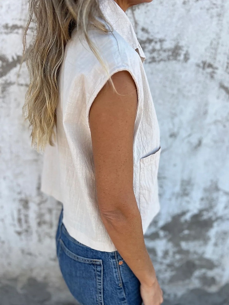 Camisola Feminina de Linho e Algodão Top Sem Mangas Cor Sólida Básica Casual Manga Curta Gola Redonda Ajuste Regular Diária Botões Bolsos Branco Azul Marinho Damasco Azul Claro Verão de 2025 por $18.99 –P5