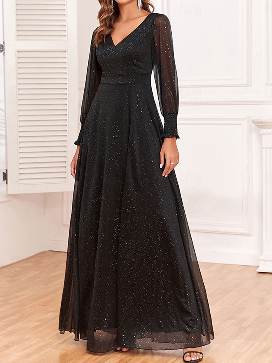 Šaty matky nevěsty elegantní párty černé šaty V krku na zem polyester dlouhý rukáv se sequiny 2025 - $120.99 –P5