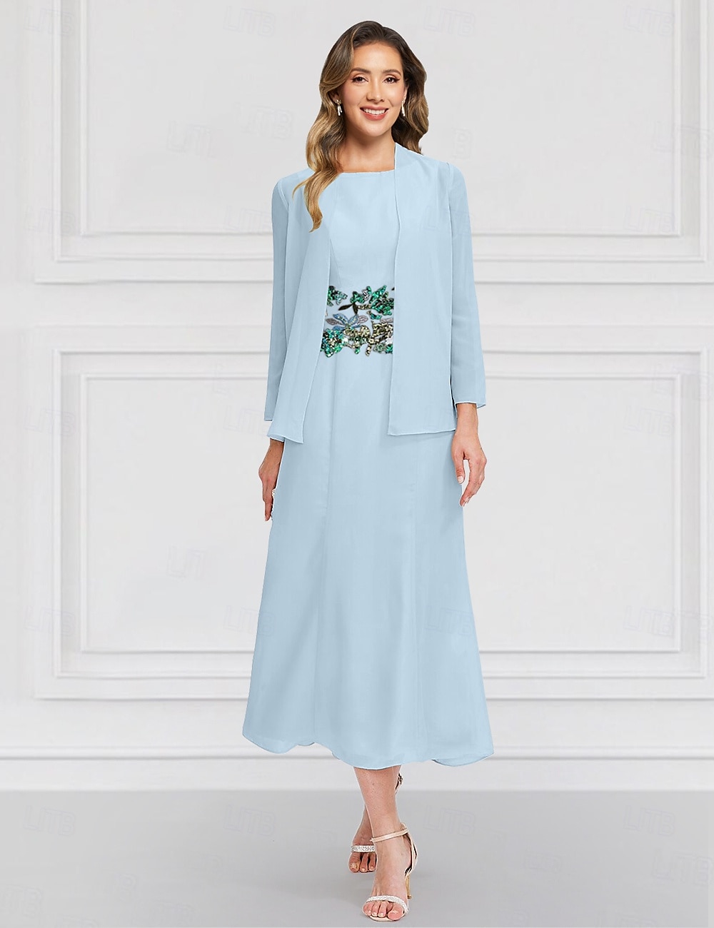 Blue Green Floral Two Piece Dress Sets Mother of the Bride Elegant Vintage Jewel Neck Ankle Length Chiffon Long Sleeve with Lace Embroidery Flower 2025 - $146.99 –P1