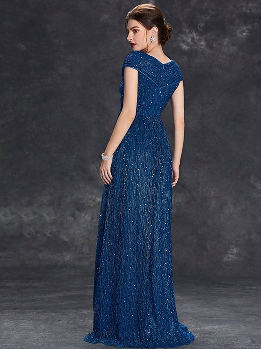 Dress Mother of the Bride Dress Elegant Party V Neck Floor Length Chiffon Polyester Short Sleeve with Sequin 2025 - $89.99 –P4