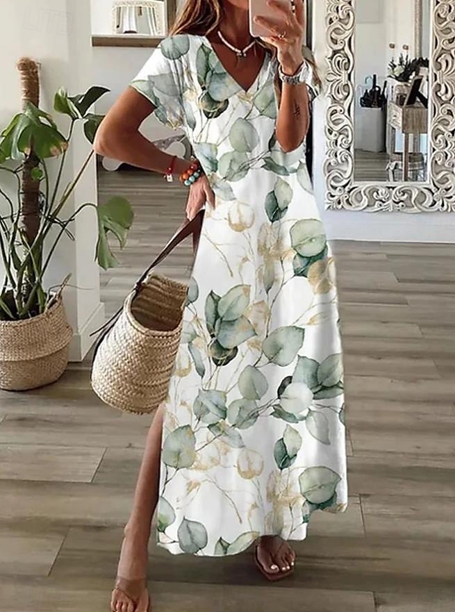Damskie Sukienka maxi Codzienne sukienki Sukienka letnia Sukienka A line Letnie sukienki Bohema Urlop Zabytkowe Urlop Codzienny Regularny Kwiaty Graficzny Krótki rękaw W serek Biały Niebieski Zielony 2025 - $28.99 –P3