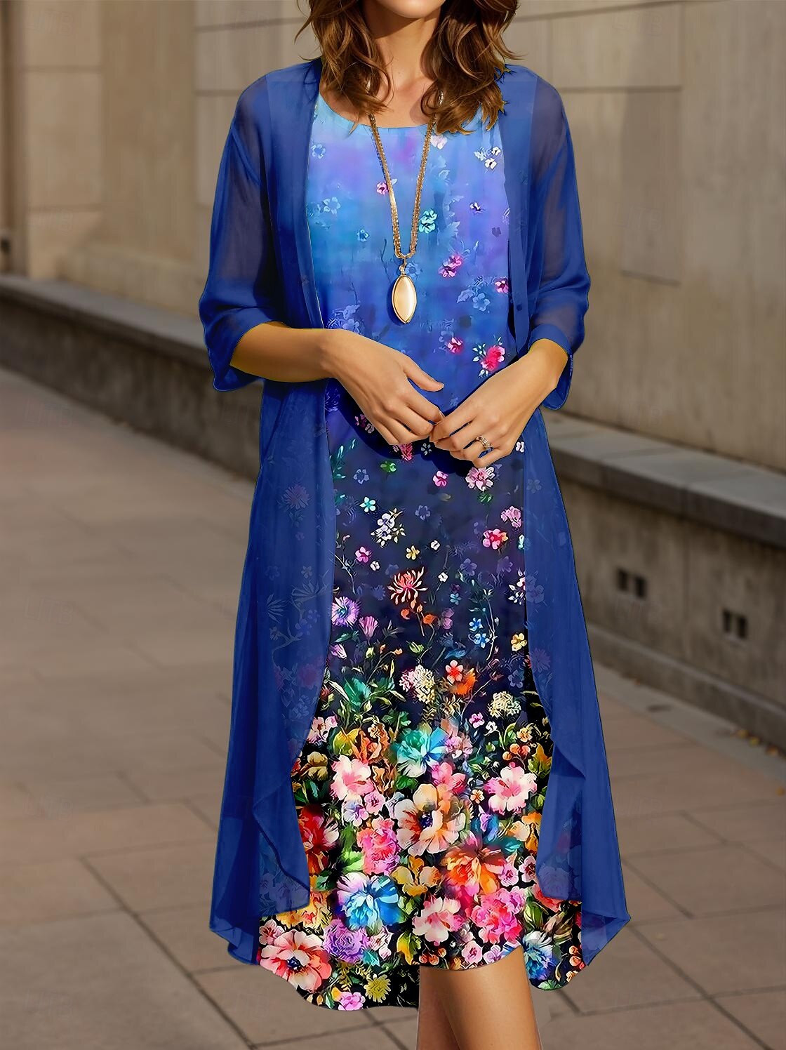 Women's Graduation Midi Dress 2 Pieces Dress Set A Line Dress Summer Dress Vacation Casual Ombre Floral Pleated Print Half Sleeve Crew Neck Vacation Daily Navy Blue Spring Fall Regular Fit 2025 - $36.99 –P1
