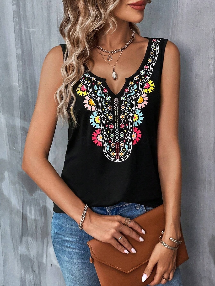 Dame Camisole Tank Top Blomstret Grafisk Paisly Stilfull Fritid Ermeløs V-hals Vanlige topper Daglig Trykt mønster Svart Sommer 2025 - $17.99 –P3