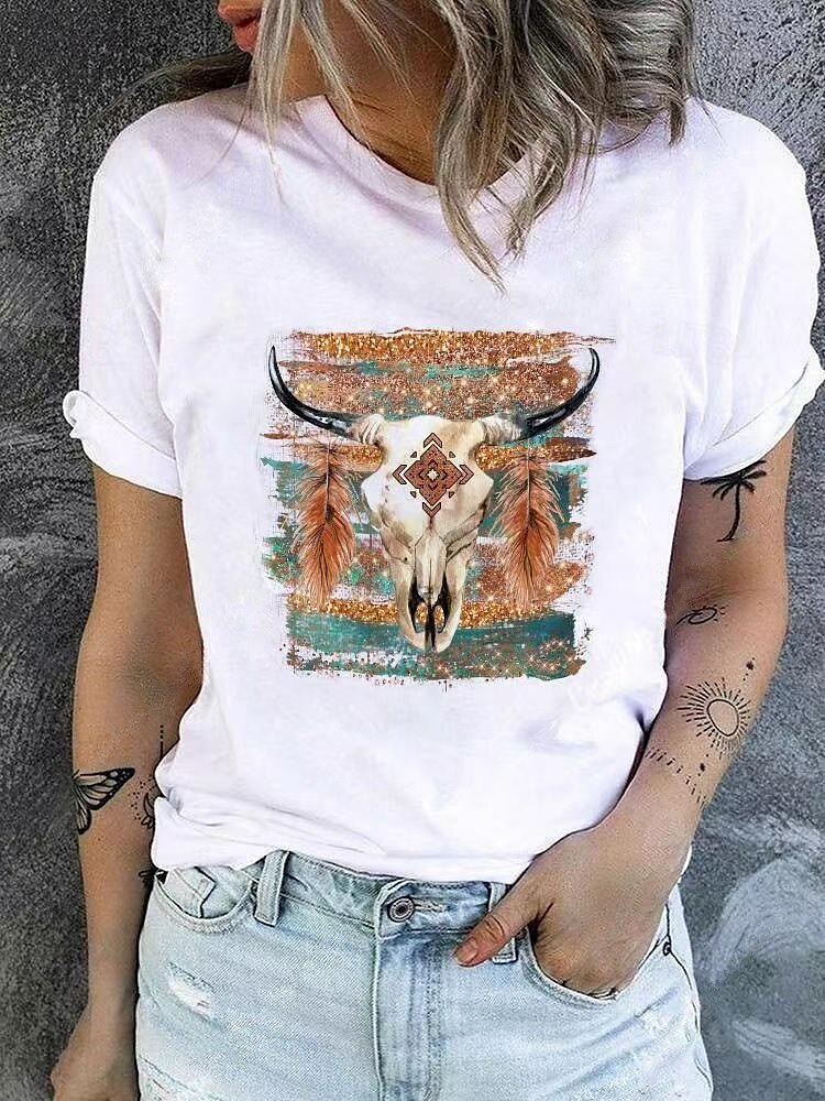 Women's Summer Tops Graphic Tribal Fashion Western Casual Short Sleeve Round Neck Regular Tops Daily Going out Weekend Patchwork Print White Summer Spring 2025 - $15.99 –P1