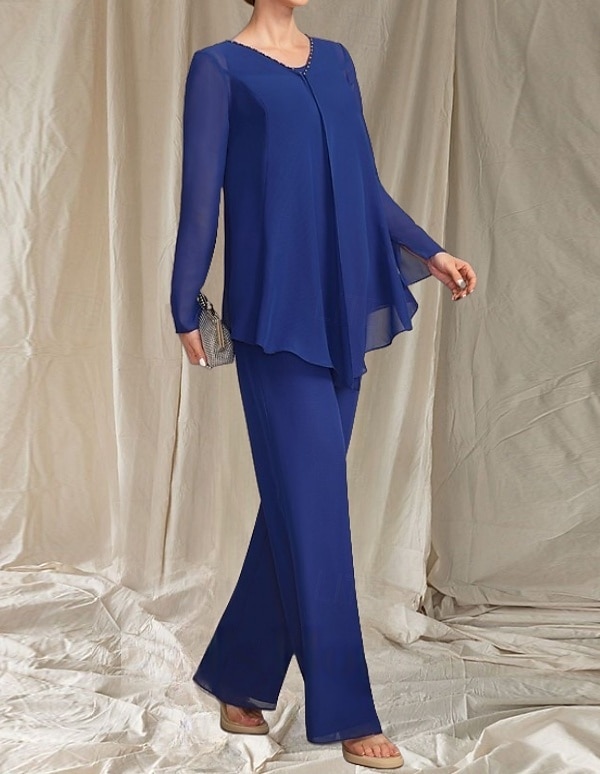 Jumpsuit / Pantsuit 3 Piece Mother of the Bride Dress Wedding Guest Elegant Crew Neck Floor Length Chiffon Long Sleeve with Beading 2025 - $143.99 –P4