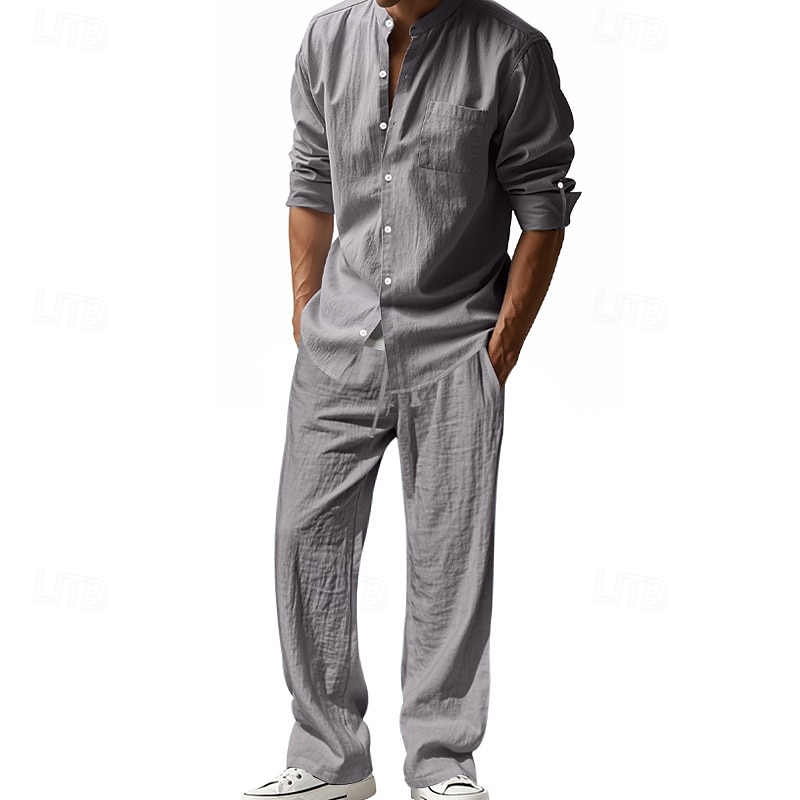 Men's T-shirt Suits Shirt and Pant Sets 2 Pieces Outfits Long Sleeve Stand Collar Summer Spring Plain Fashion Casual 2 Piece Vacation Daily Wear Going out Black White Blue Top Tee for Men 2025 - $48.99 –P17
