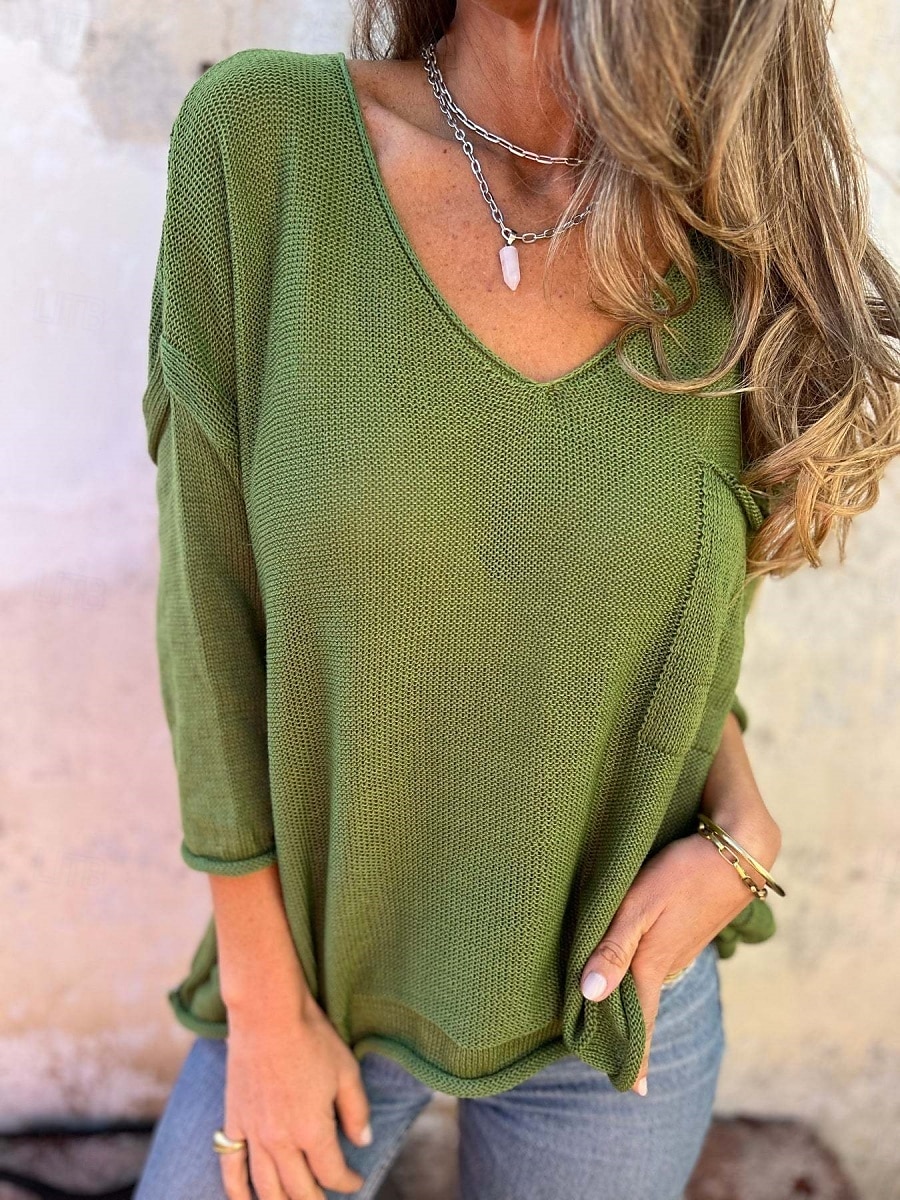 Damen Pullover Täglich Stilvoll Lässig Einfarbig Gerippt V Ausschnitt Tasche Gestrickt Langarm Normale Oberteile Stricken Outdoor Täglich Schwarz Weiß Sommer Frühling 2025 - $22.99 –P11