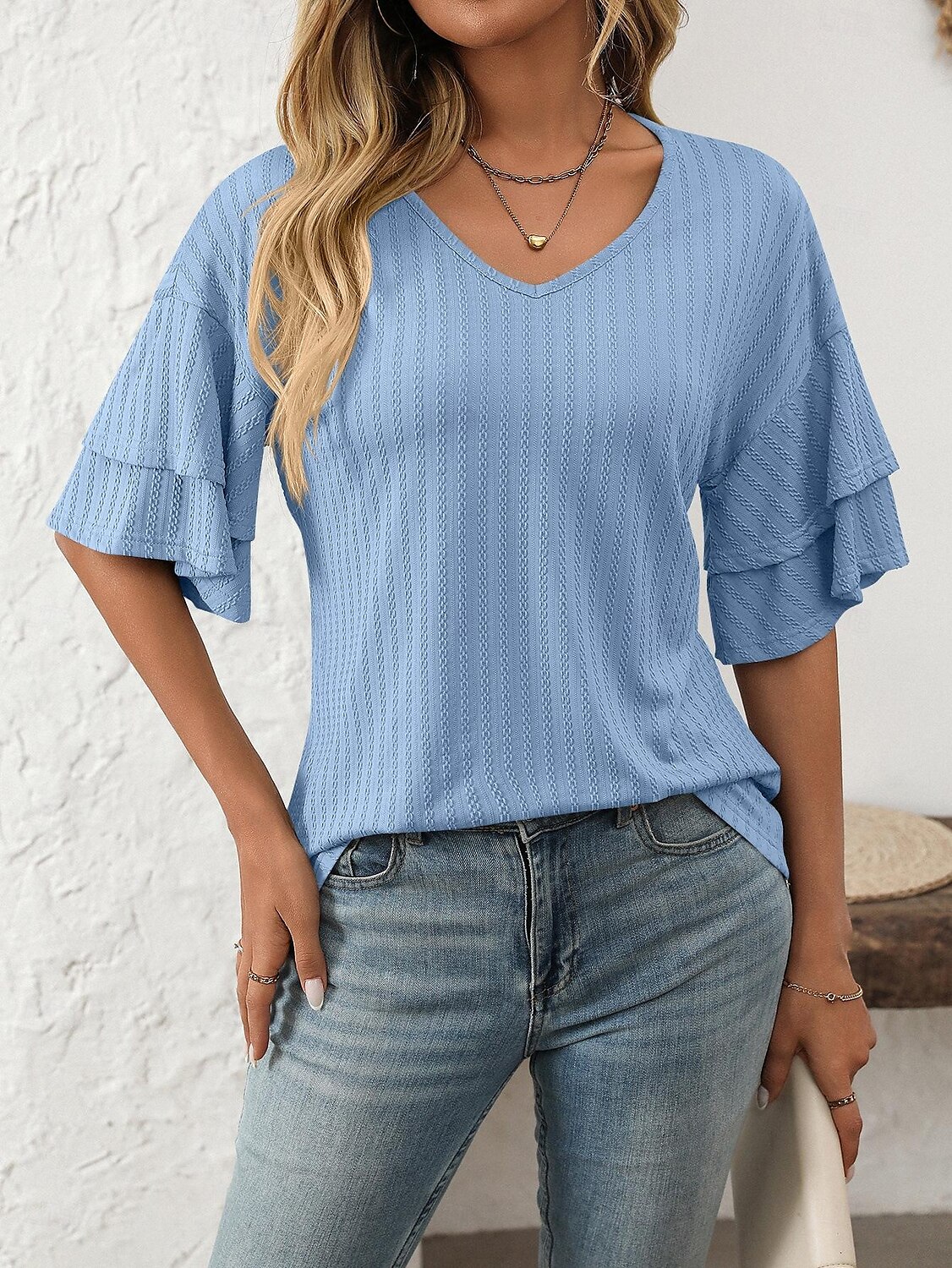 Women's T Shirt Plain Fashion Modern Short Sleeve V Neck Regular Tops Daily Ruffle Black White Wine Sky Blue Fuchsia Summer 2025 - $14.49 –P17