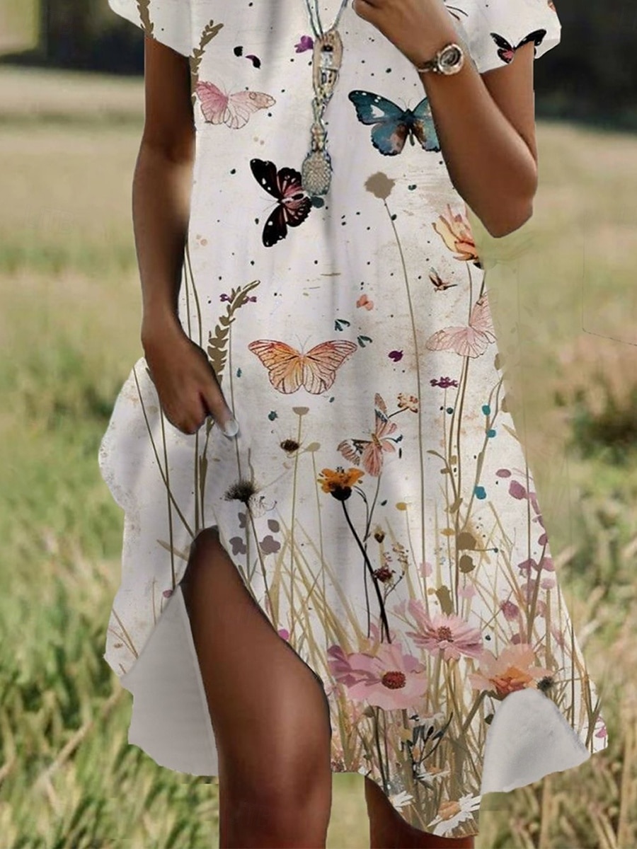 Damen Minikleid Freizeitkleid T-Shirt-Kleid Sommerkleid A Linie Kleid Stilvoll Lässig Strand Normale Passform Blumen Grafik Schmetterling Kurzarm Rundhalsausschnitt Weiß Sommer Frühling 2025 - $23.99 –P3