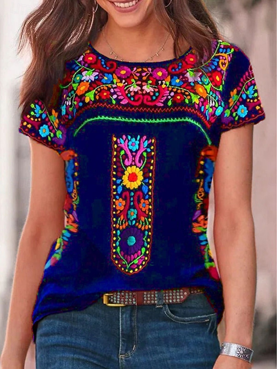 Women's T Shirt Peasant Blouse Floral Bohemia Active Western Short Sleeve Crew Neck Regular Tops Daily Print Black Wine Blue Gray Summer 2025 - $13.99 –P4