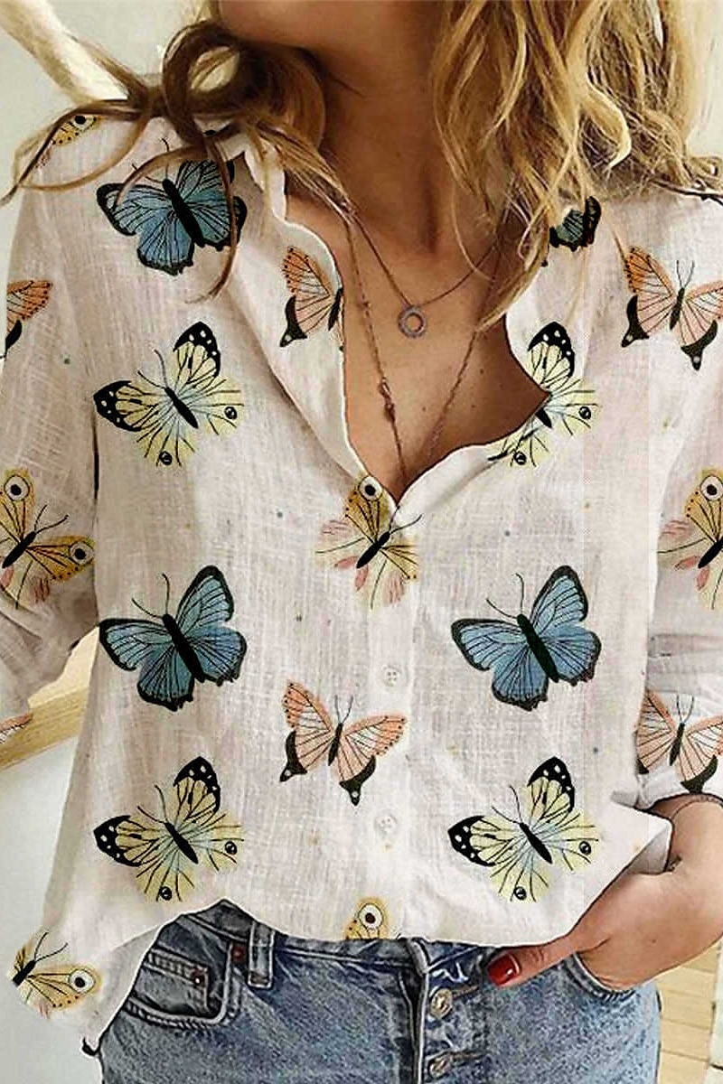 Pentru femei Cămașă Bluză Fluture Floare Modern Casual Manșon Lung Guler Cămașă Topuri obișnuite Concediu Ieșire Nasturi Imprimeu Alb Albastru piscină Kaki Bej Albastru Deschis Vară 2025 - $22.99 –P1