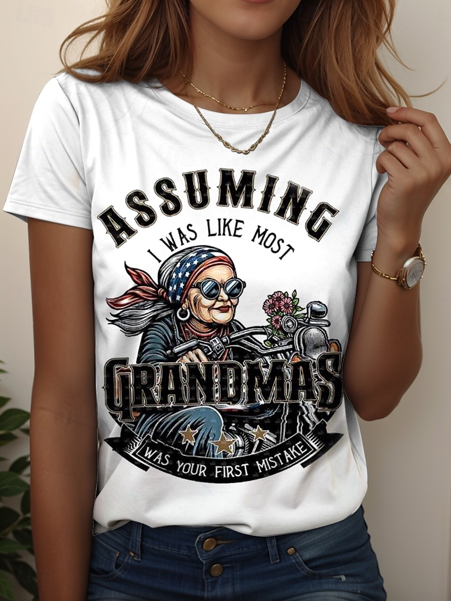 Pentru femei Tricou Grafic Scrisă Stilat Casual Manșon scurt Rotund Topuri obișnuite Zilnic Sfârșit de săptămână Imprimeu Alb Vară Primăvară Grandmas Motorcycle 2025 - $19.99 –P1