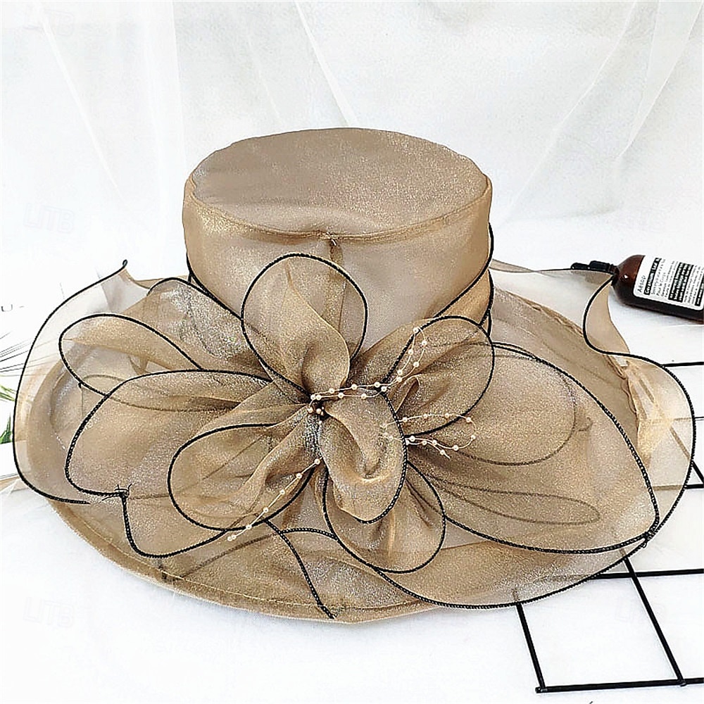 Sombreros Sombrero de Sol de Organza Boda Vacaciones Fiesta de Té Carrera de Caballos Cóctel Elegante Vintage Protección Solar Con Adorno Floral 2025 - $25.99 –P11