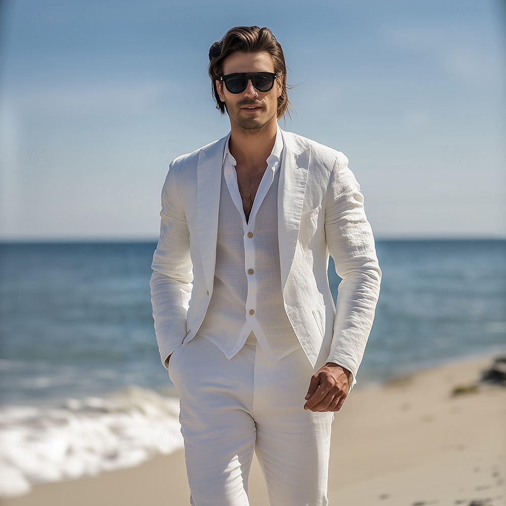 Men's Beach Wedding Linen Suits White Beige Lightweight Casual Solid Colored Standard Fit 2 Piece Single Breasted One-button 2025 - $125.99 –P1