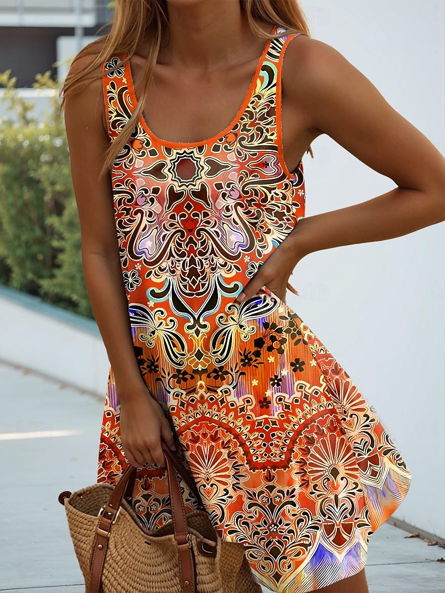 Pentru femei Rochie Mini Rochie A line Rochie de vară Rochie cu umeri Vacanță Casual Zilnic Potrivire Largă Grafic Geometric Fără manșon În U Mov Portocaliu Trifoi Vară 2025 - $21.99 –P5
