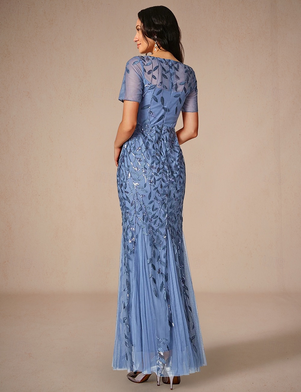 Mermaid / Trumpet Wedding Guest Dresses Elegant Dress Wedding Guest Birthday Floor Length Short Sleeve Crew Neck Tulle with Sequin Embroidery 2025 - $109.99 –P2