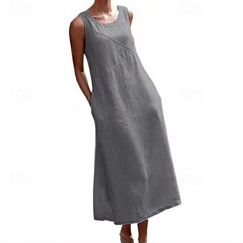 Damen Schwarz Grau Sommer Frühling Maxikleid Baumwoll-Leinen-Kleider Freizeitkleid Baumwoll-Sommerkleid Stilvoll Basic Modern Outdoor Urlaub Ferien Lässiger Schnitt Einfarbig Rundhalsausschnitt 2025 - $32.99 –P3