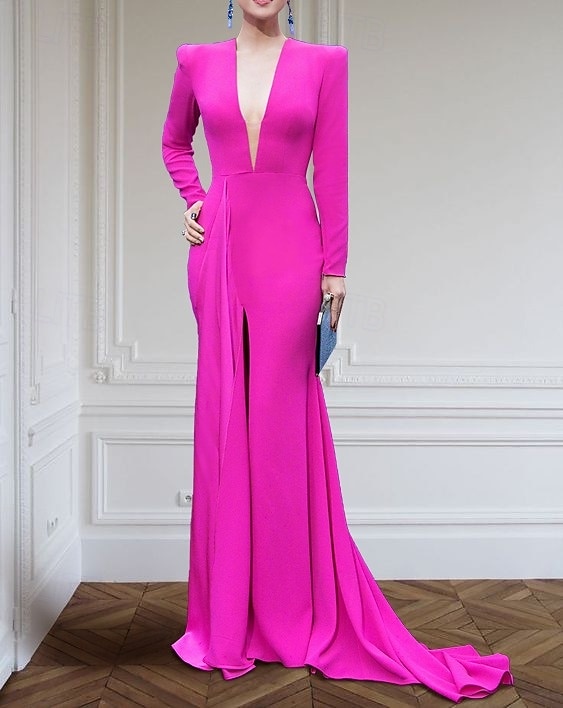 Robe de soirée en A robe élégante de mariage formelle traîne balayante/traîne courte à manches longues col en V en crêpe extensible avec plis fente de 2025 ? $158.99 –P10