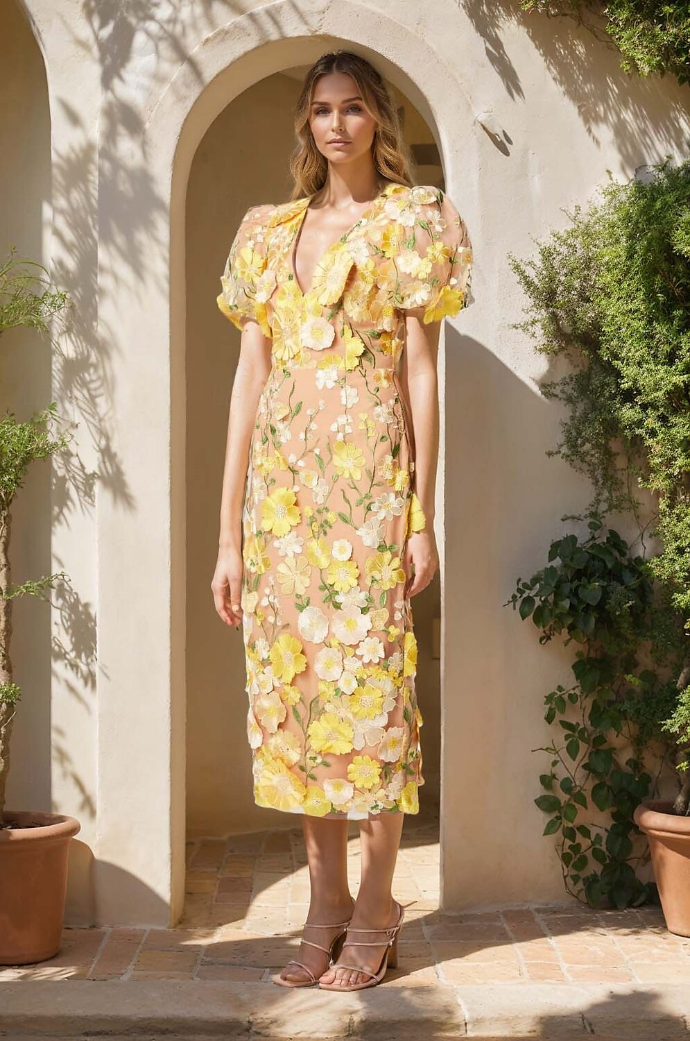 Sheath / Column Cocktail Dresses Elegant Dress Formal Evening Party Tea Length Short Bubble Sleeve V Neck Pocket Tulle with 3D Flowers Derby Dresses 2025 2025 - $183.99 –P2