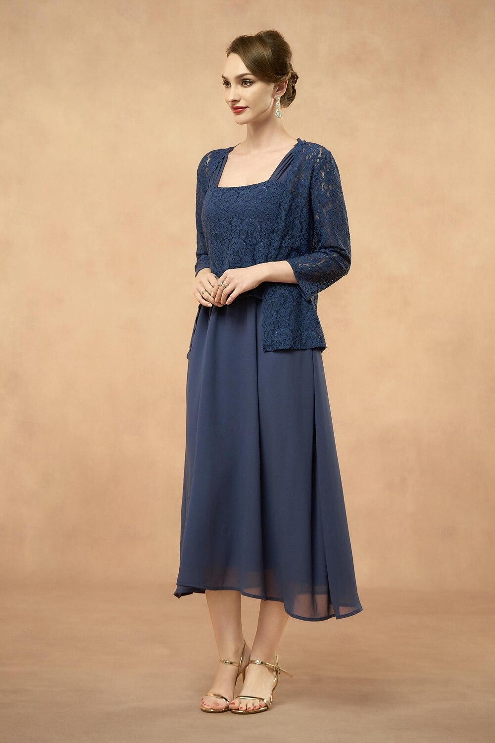 abito da sposa a trapezio in 3 pezzi per la madre della sposa, elegante, scollo quadrato, lunghezza al pavimento, pizzo floreale, manica a 3/4, tinta unita 2025 del 2025 a $69.99 -P4