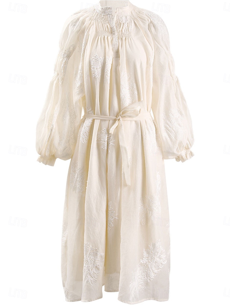 Abito per la madre della sposa elegante vintage semplice scollatura a V lunghezza tea in misto cotone maniche lunghe con ricami abito midi per ospiti di matrimonio del 2025 a $84.99 –P2