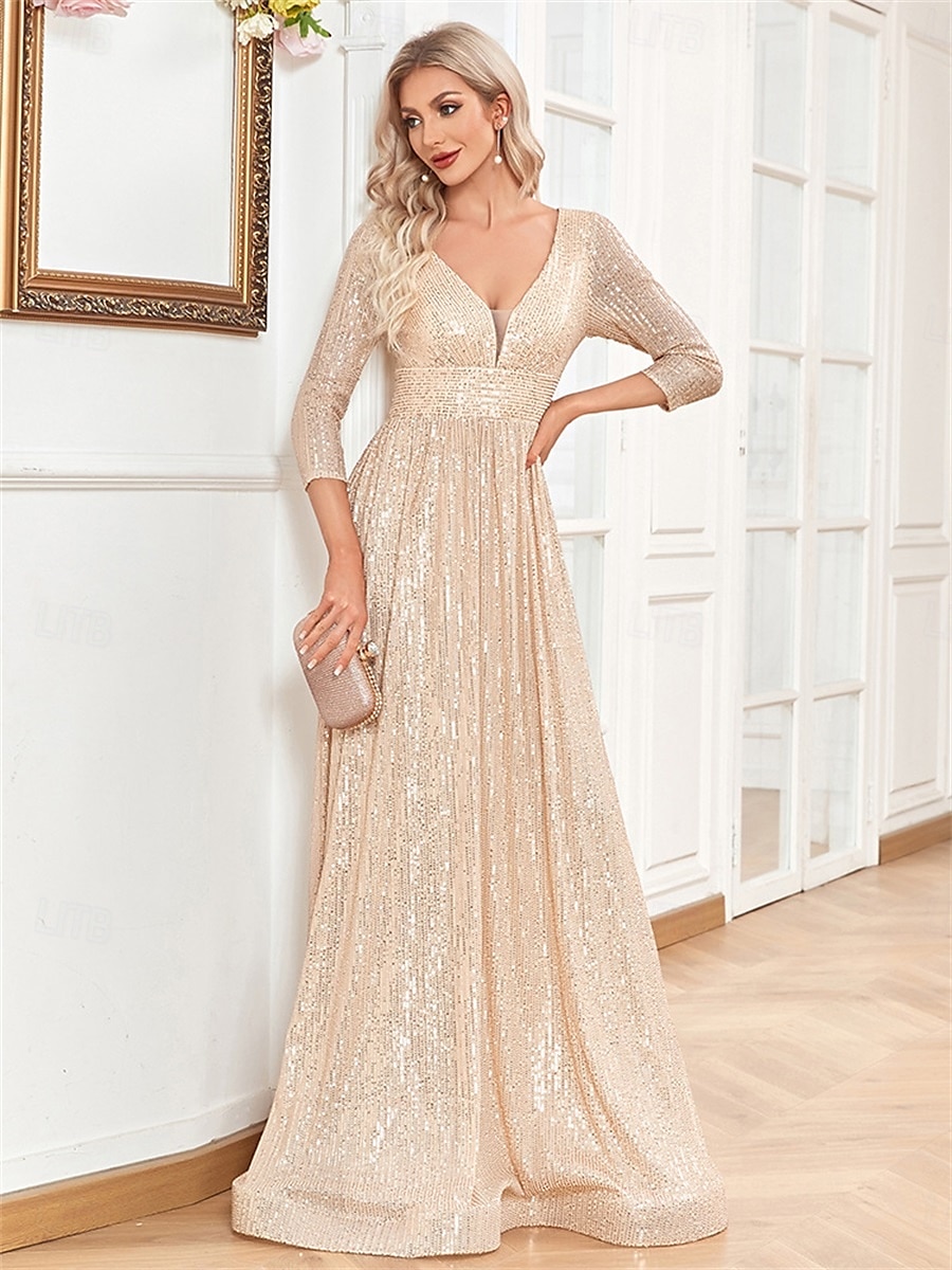 A-linjade Quinceanera Klänningar Elegant Klänning Bröllop Bröllop Gäst Golvlång 3/4 Lång Ärm V-hals Bomull med Strass 2025 - $105.99 –P8