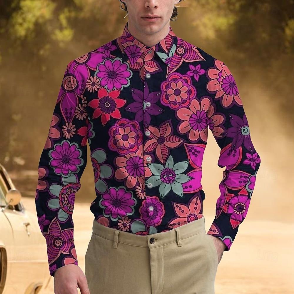 Retro / vintage 1970erne قميص Aloha skjorte Hippie Blomstret Kostyme Herre Maskerade Fest Dagligdagstøy Pride-parade Voksne Trøye 2026 - $23.99 –P4