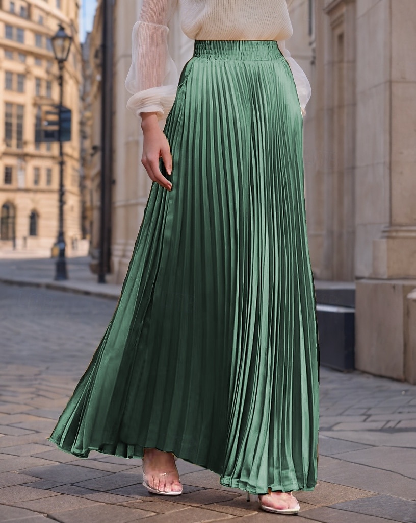 Damen Rock Langer Rock Mode Lang Maxi Hohe Taille Röcke Einfarbig Gerafft Plissiert Schimmernd Mikroelastisch Täglich Ferien Silber Pfauenblau Marineblau Schwarz Frühling, Herbst, Winter, Sommer 2025 - $23.99 –P6