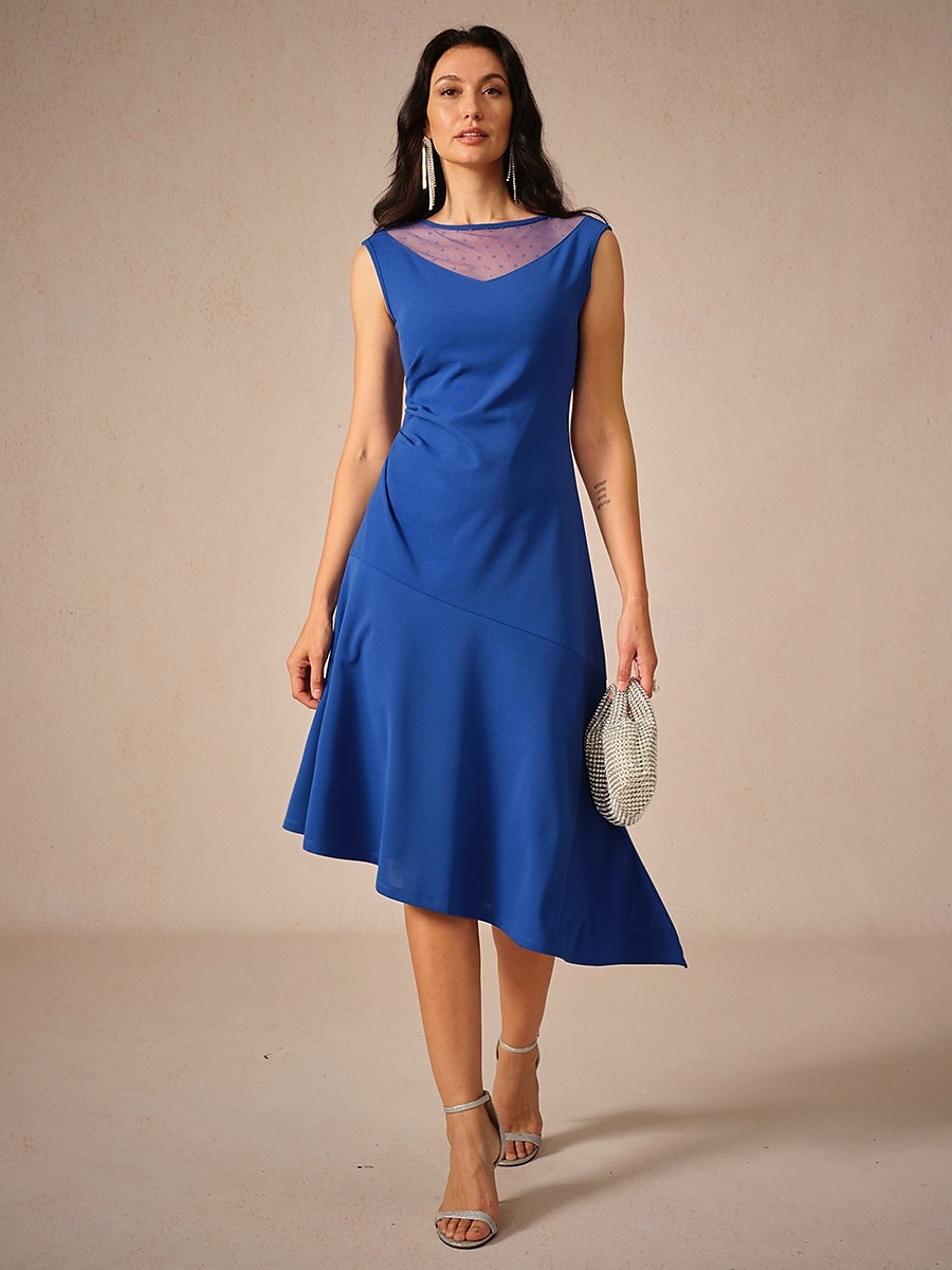 Mujer Vestido Midi Vestido de Punto Elegante Fiesta Cita Ajuste regular Color sólido Sin Mangas Cuello Barco Azul Real Verano 2025 - $11.59 –P4