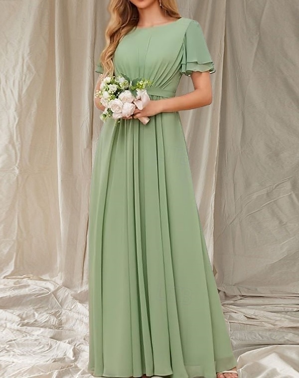 Vestido de dama de honra em linha A, gola redonda, manga curta, elegante, comprimento até o chão, chiffon com faixa / fita / franzido 2025 de 2025 por $152.99 –P1