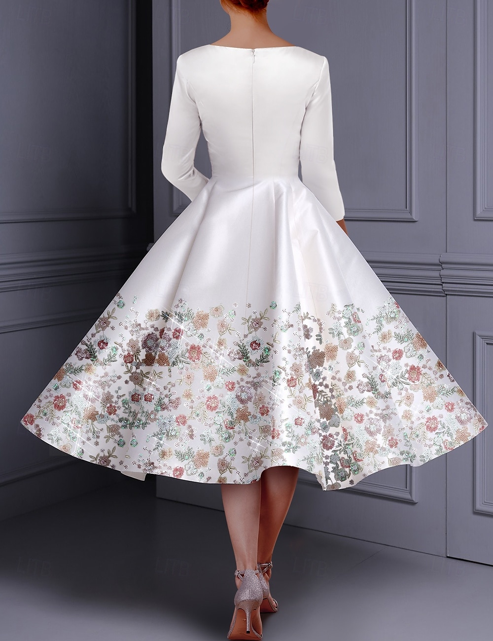 Floral Pink A-Line Cocktail Dresses Elegant Dress Formal Valentine's Day Tea Length 3/4 Length Sleeve Jewel Neck Belt / Sash Satin with Glitter Slit Embroidery 2025 - $153.99 –P2