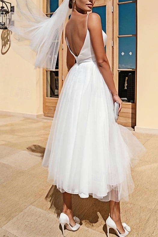 Engagement Little White Dress Bridal Shower Dresses Wedding Dresses A-Line  V Neck Sleeveless Tea Length Satin Bridal Gowns With Pleats 2026 - $160.99