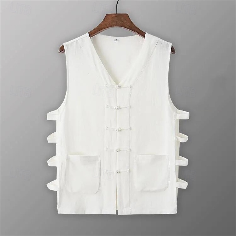 Herr Linne Undertröjor Ärmlös tröja Ärmlös V-hals Sommar Slät Designer Grundläggande Kineseri Knappar Semester Gata Utekväll Svart Vit Vin Topp t-shirt för män 2025 - $15.49 –P2