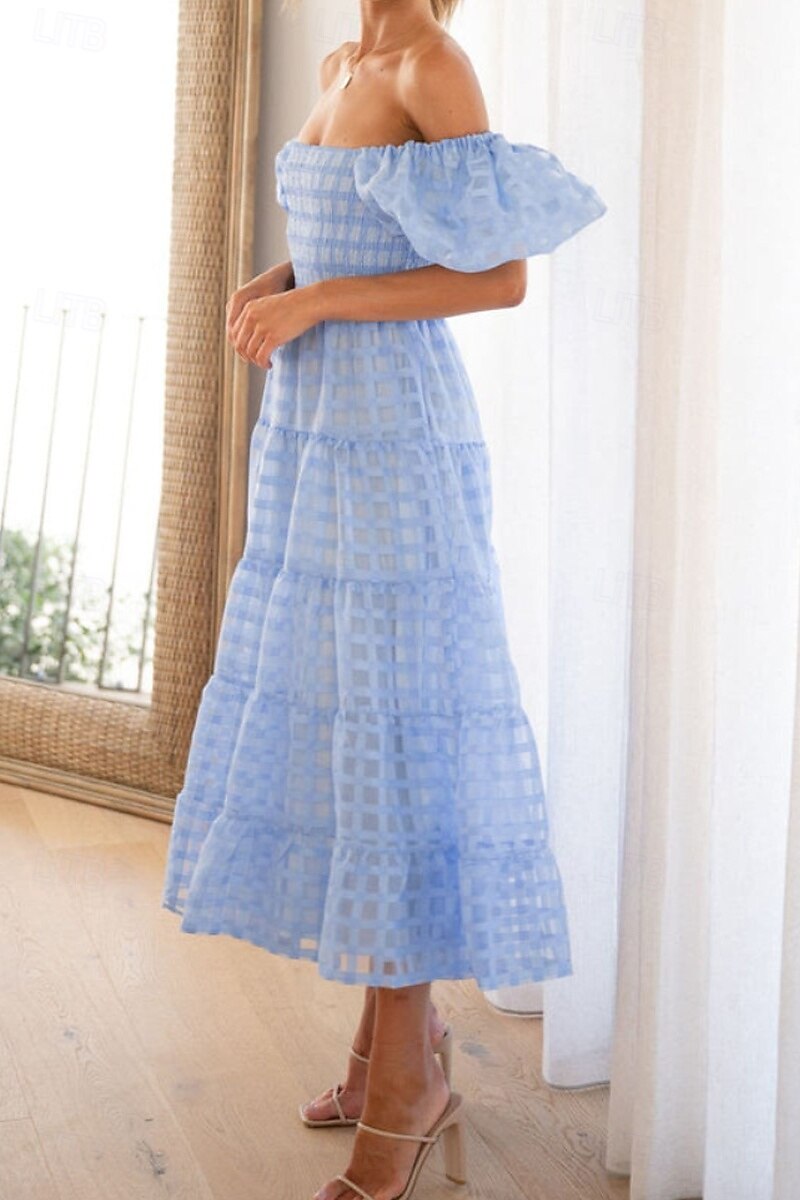 Women's Midi Dress Graduation Dress Fashion Modern Lantern Sleeve Vacation Graduation Weekend Regular Fit Plain Short Sleeve Off Shoulder Black White Yellow Pink Summer 2025 - $27.99 –P5