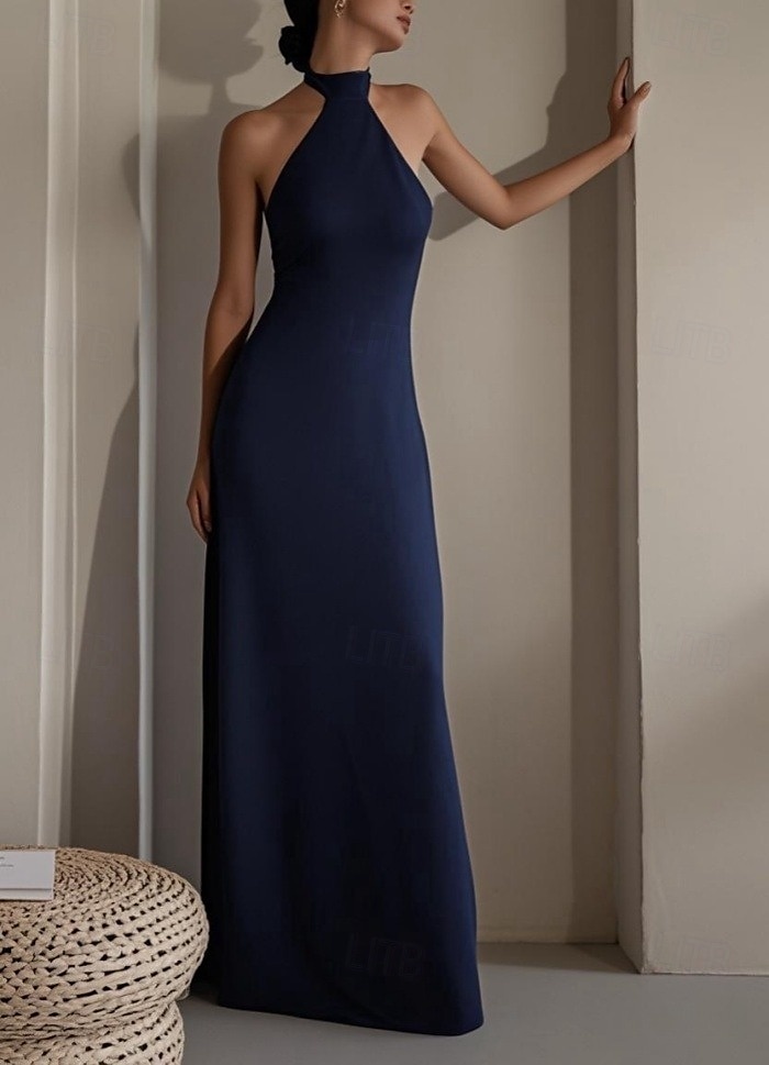 Robe de Soirée A-Line Élégante Robe Formelle de Soirée Longueur de Sol Sans Manches Col Halter Satin d'Italie Dos Nu avec Bretelles de 2025 ? $170.99 –P4