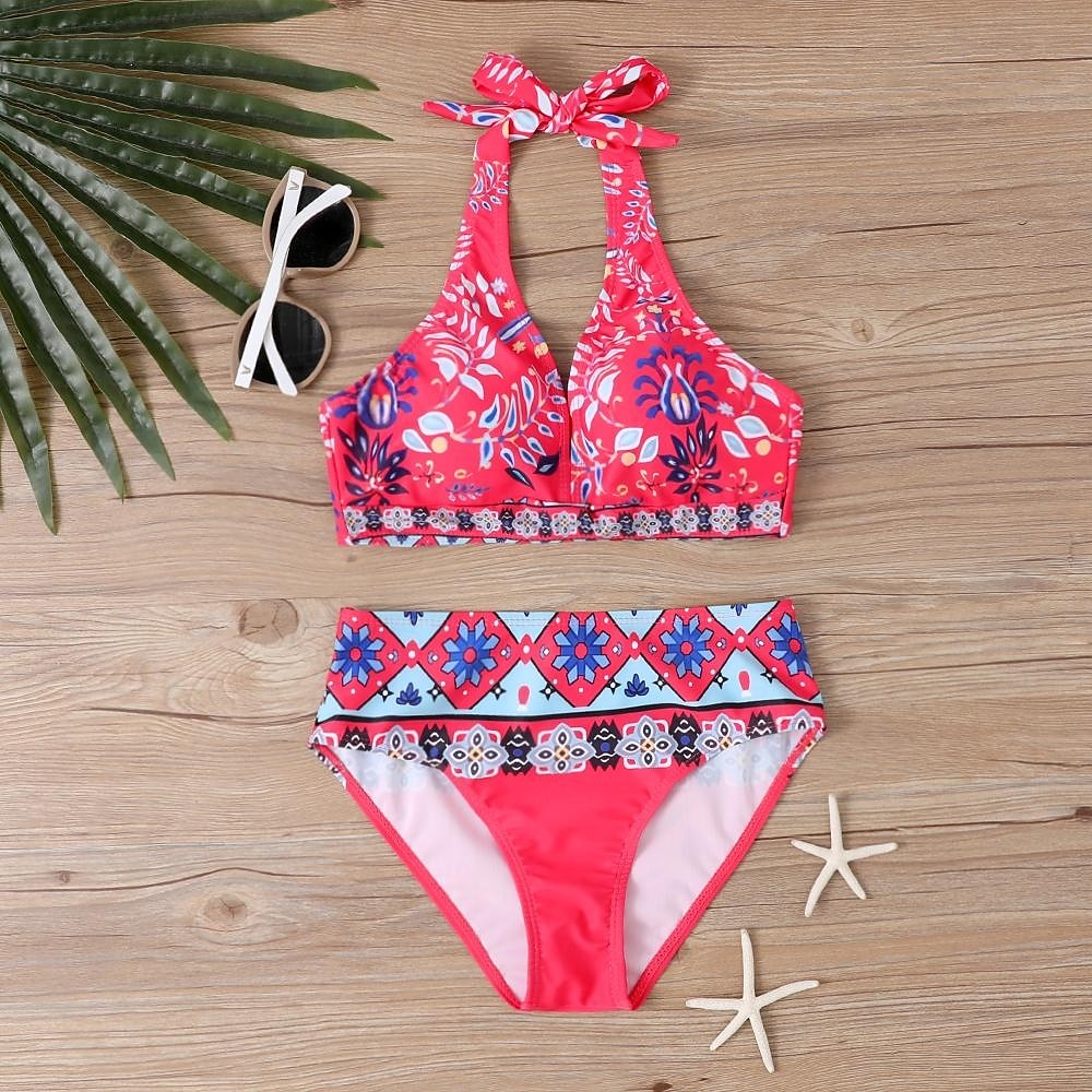 Dam Badkläder Bikini Tankini 2 st Kaxig Baddräkt Djup V-hals Tryck upp Stickat Semester Tropisk Blommig Färgblock Doppa Ärmlös Baddräkter 2025 - $22.99 –P4