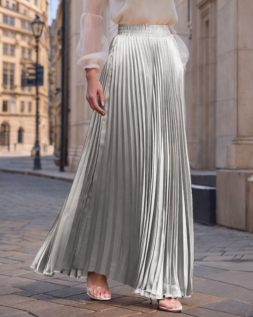 Damen Rock Langer Rock Mode Lang Maxi Hohe Taille Röcke Einfarbig Gerafft Plissiert Schimmernd Mikroelastisch Täglich Ferien Silber Pfauenblau Marineblau Schwarz Frühling, Herbst, Winter, Sommer 2025 - $23.99 –P7