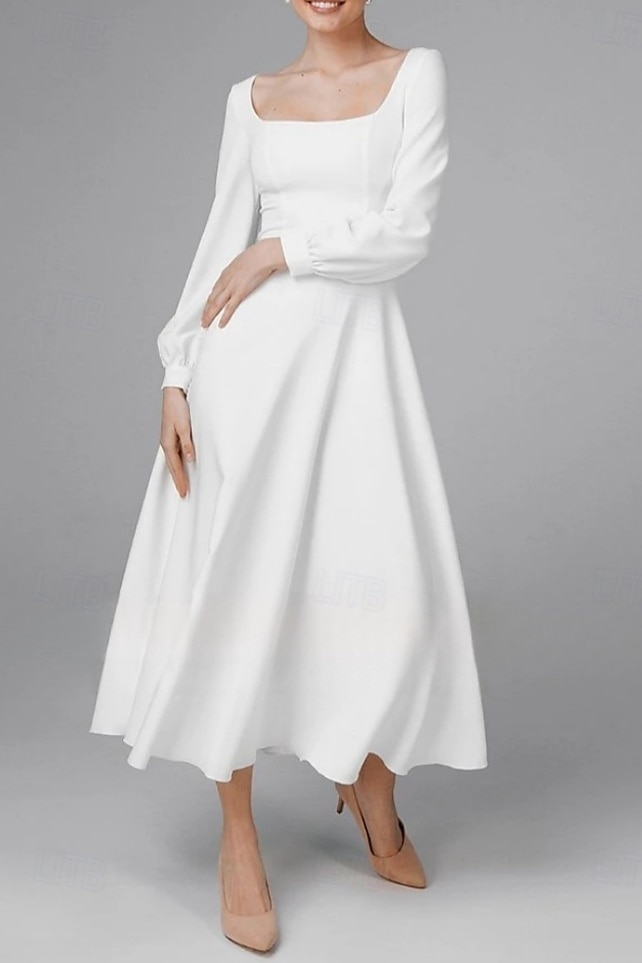 Fidanzamento Piccoli Abiti Bianchi Abiti da sposa Linea ad A Scollo Tondo Manica Lunga Lunghezza Tè Tessuto Elasticizzato Abiti da sposa Con Tinta unita 2025 del 2025 a $146.99 –P3