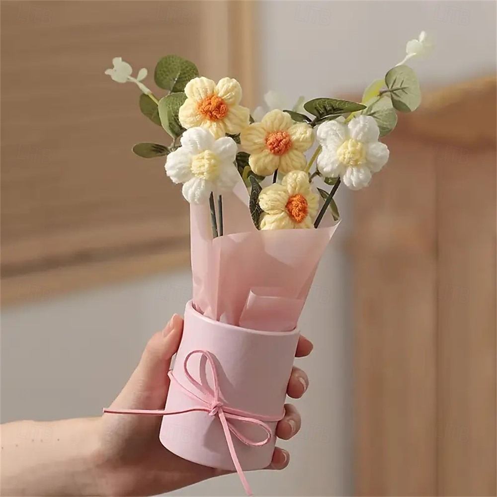 Buchet de flori artificiale din fire țesute manual - 1 set inclusiv flori țesute din țesătură hârtie de împachetat găleată din plastic 5 flori croșetate din fire - potrivite pentru cadouri pentru 2025 - $11.49 –P4