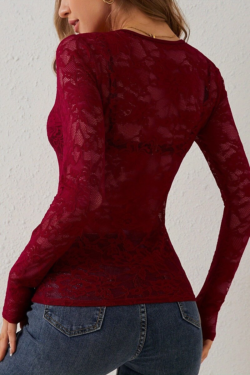 Damen Spitzenhemd Bluse Glatt Stilvoll Langarm V Ausschnitt Normale Oberteile Täglich Ausgehen Spitze Schwarz Weiß Wein Sommer 2025 - $17.49 –P16