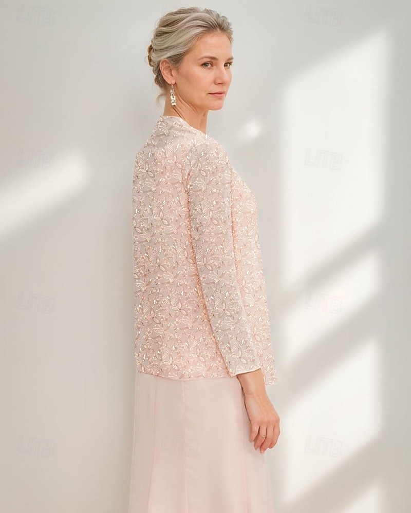 A-linje klänning brudens mor klänning elegant vintage rund hals ankellängd chiffon lång ärm med paljettbroderi examens klänning 2025 2025 - $179.99 –P2