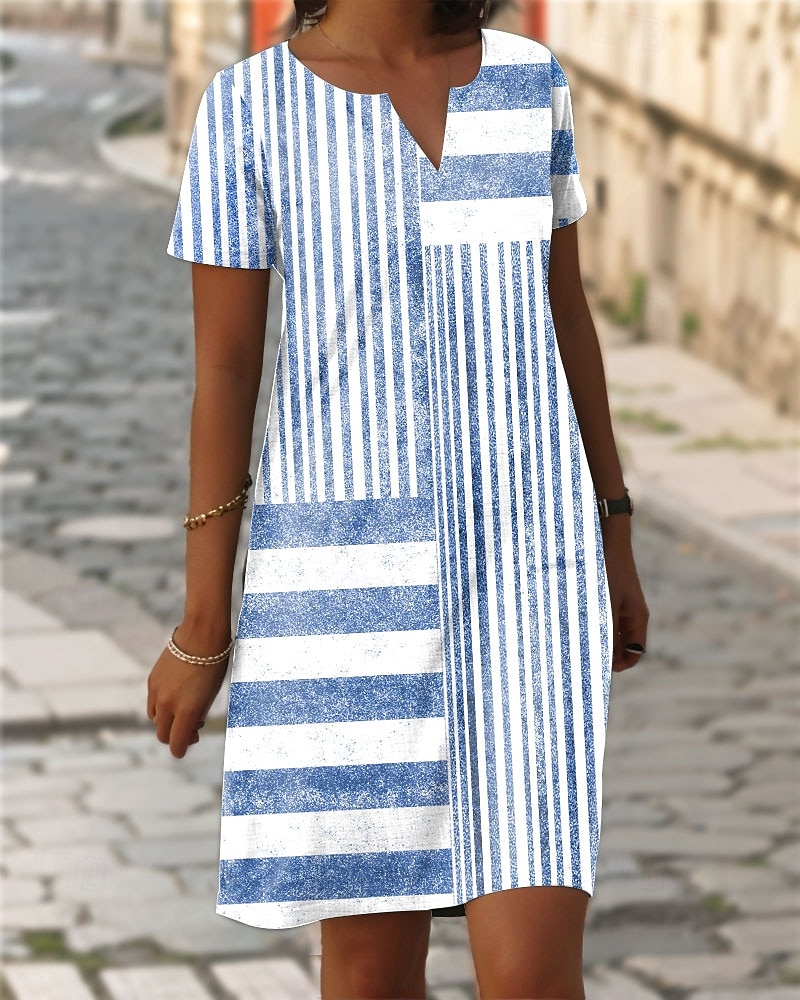 Damen Mini-Kleid Shift Kleid Freizeit Täglich Reguläre Passform Grafik Streifen Kurzarm Eingekerbter Ausschnitt Rosa Blau Grau Sommer Frühling 2025 - $31.99 –P2