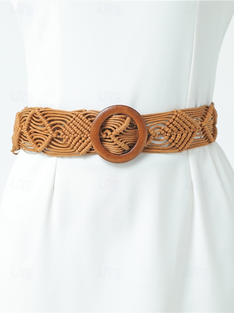 tkaný opasek boho macrame pro ženy – ručně vyrobený široký bederní pás s dřevěnou přezkou, vintage chic styl pro šaty, ležérní outfity a letní plážové oblečení 2025 - $11.99 –P5